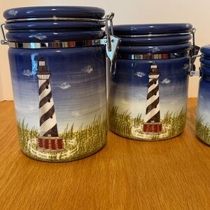 Lefton 2000 - Set of 3 Nautical Lighthouse Ceramic Canisters - Blue